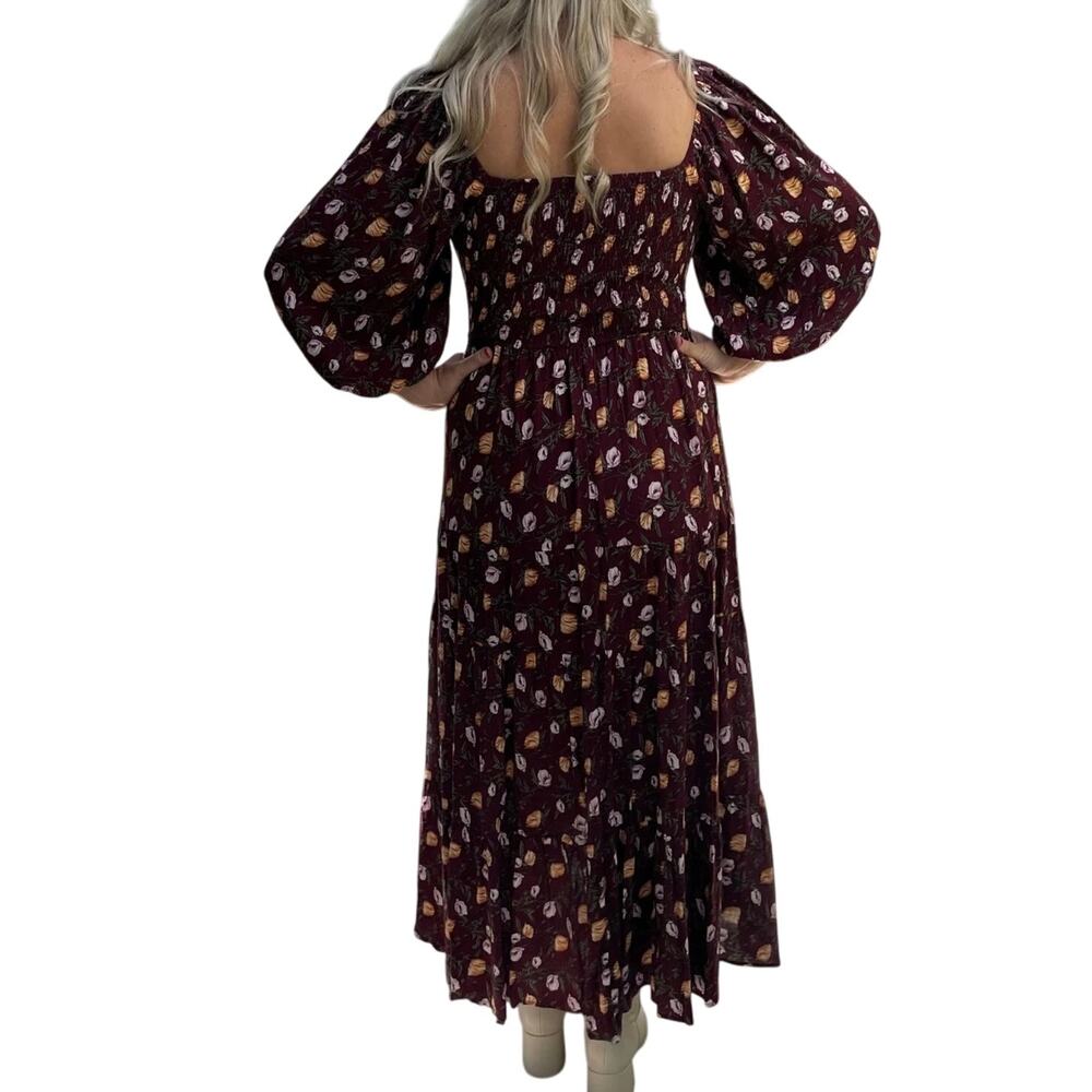 Easel Floral Empire Maxi Dress Burgundy Smocked Peasant Cottagecore Small